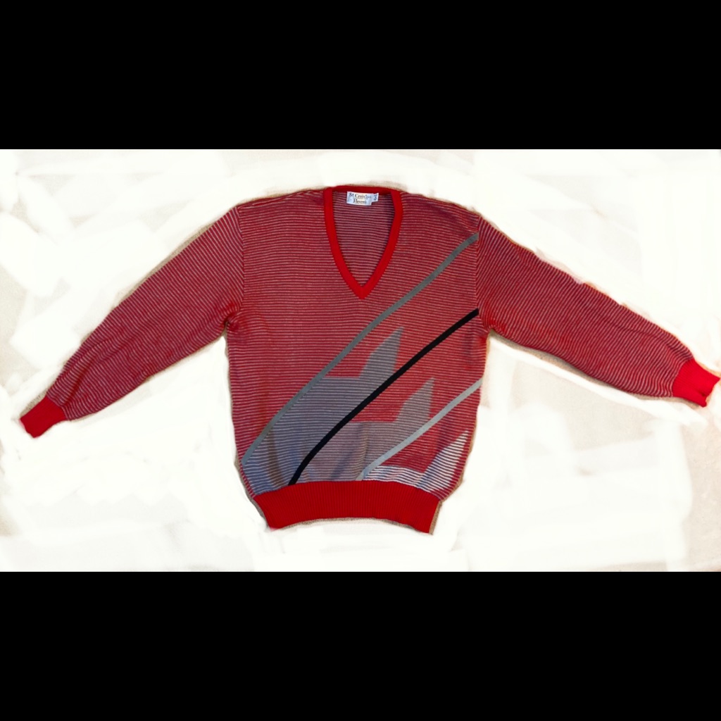 Red/Grey Fine Merino Wool & Silk Blend Yarn Sweater.